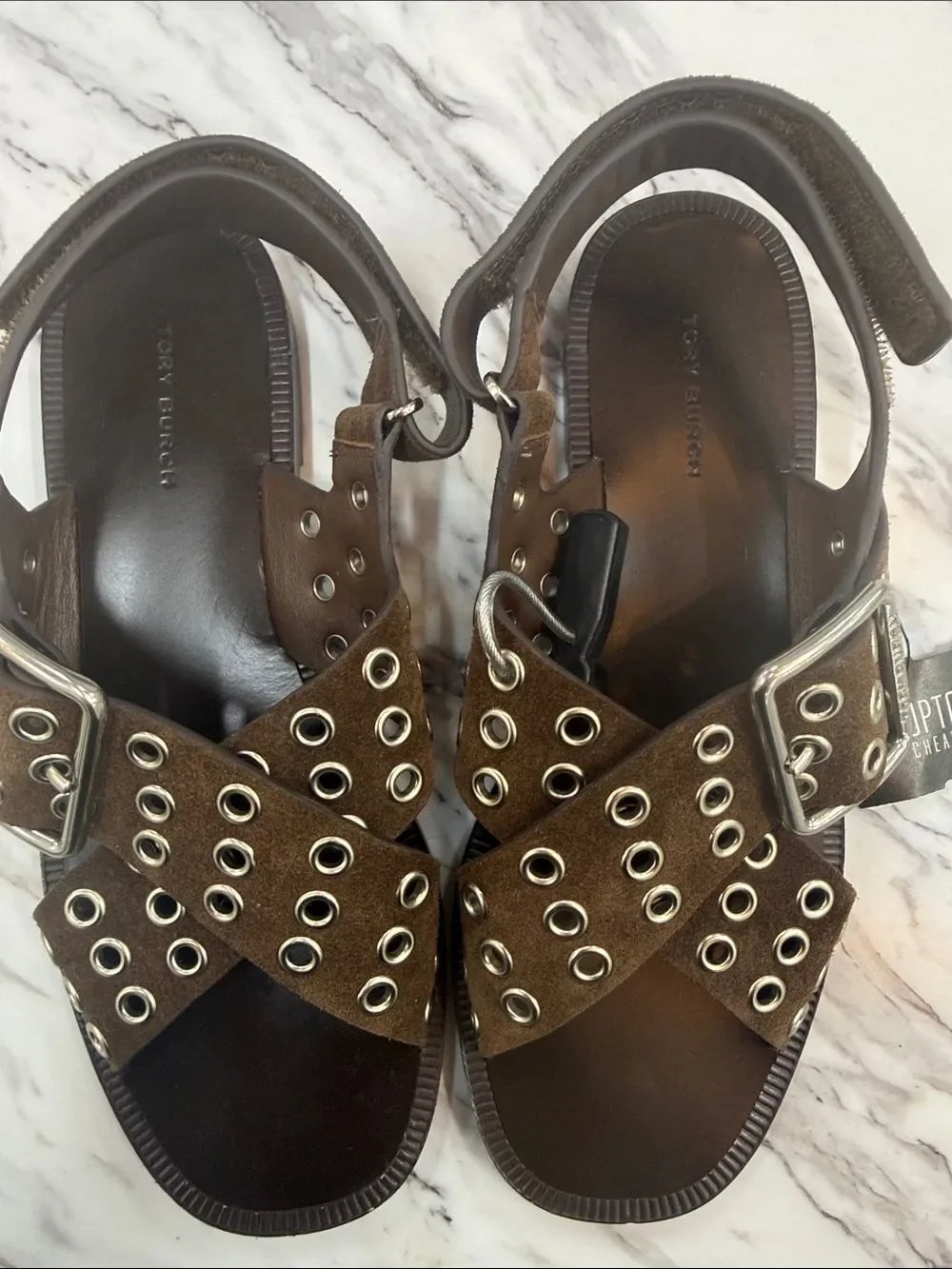 Tory Burch Brown Suede Grommet Cross-Strap Sandals